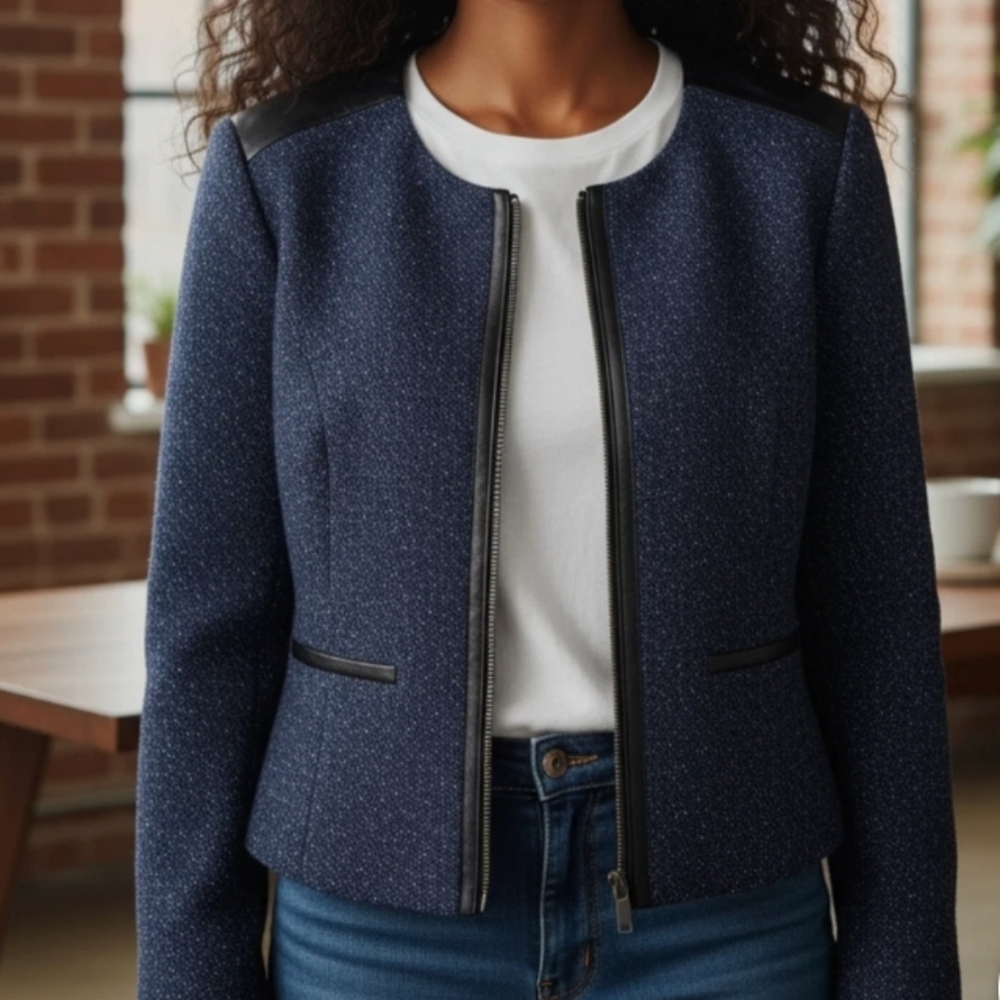 CLASSIQUES ENTIER TWEED LONG SLEEVE NAVY, WHITE BLAZER SIZE L